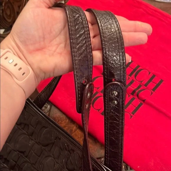 Carolina Herrera chocolate Brown Leather Bag monogram purse tote - Picture 6 of 10